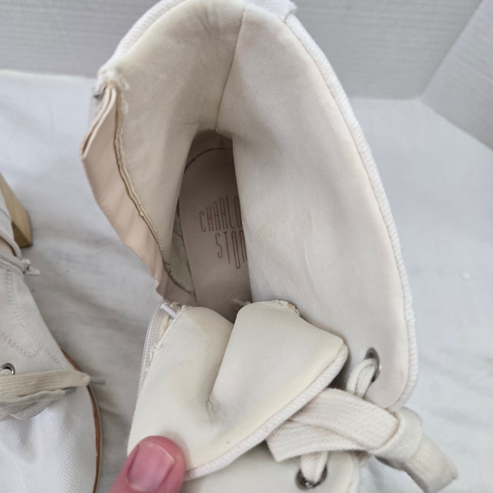 Charlotte Stone White Canvas Lace Up Platform Block Heel Boots Womens Size 9 - Picture 8 of 11